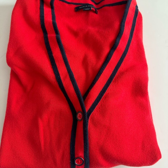 Tommy Hilfiger Cotton Cardigan Sweater Red w/Navy Trim Size XL - Picture 6 of 7